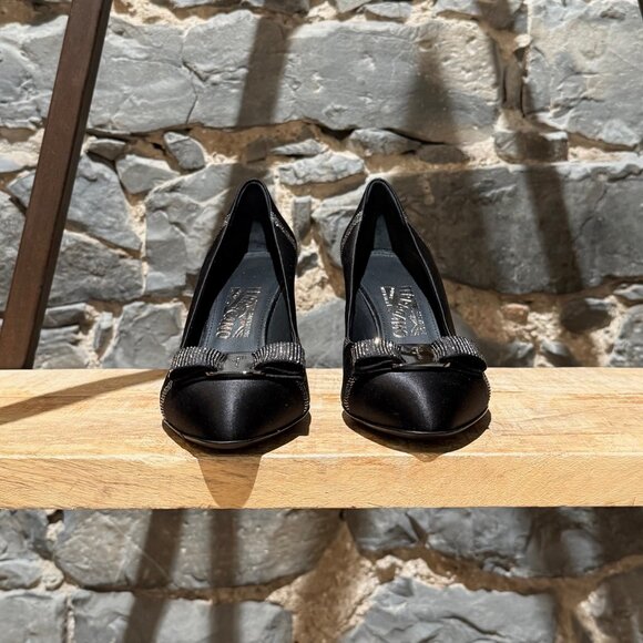 Salvatore Ferragamo Black Satin Crystal Embellished Pumps - Picture 2 of 12